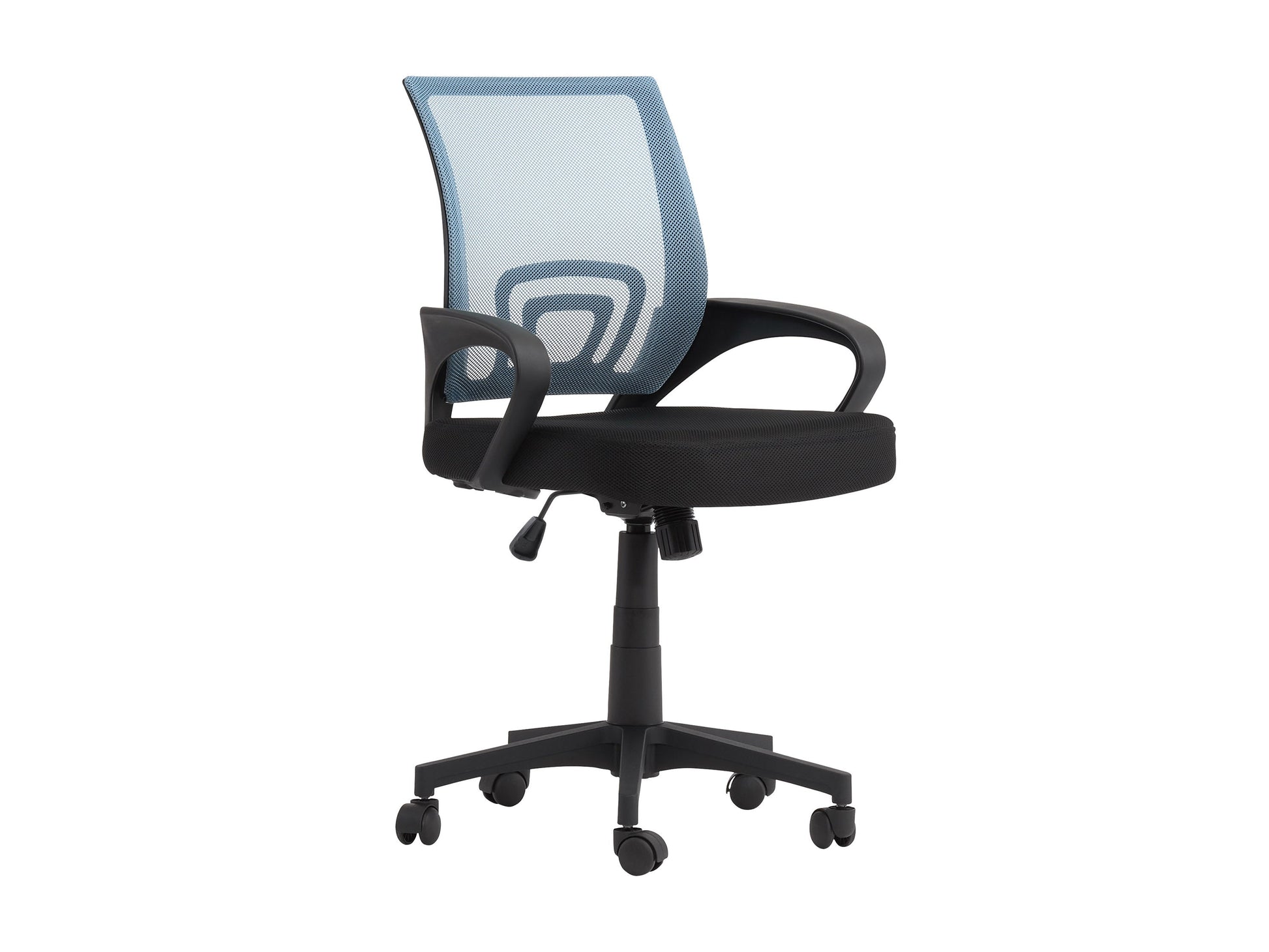 Blue mesh back office chair with ergonomic design, adjustable height, and rolling casters for home or office use.