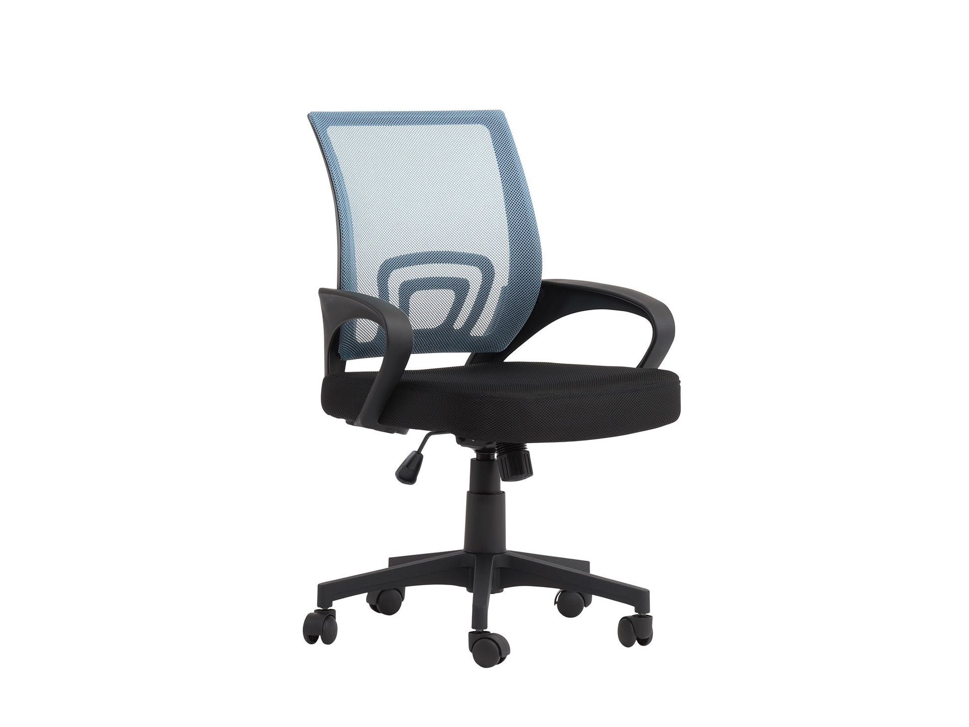 Blue mesh back office chair with ergonomic design, adjustable height, and black swivel base.