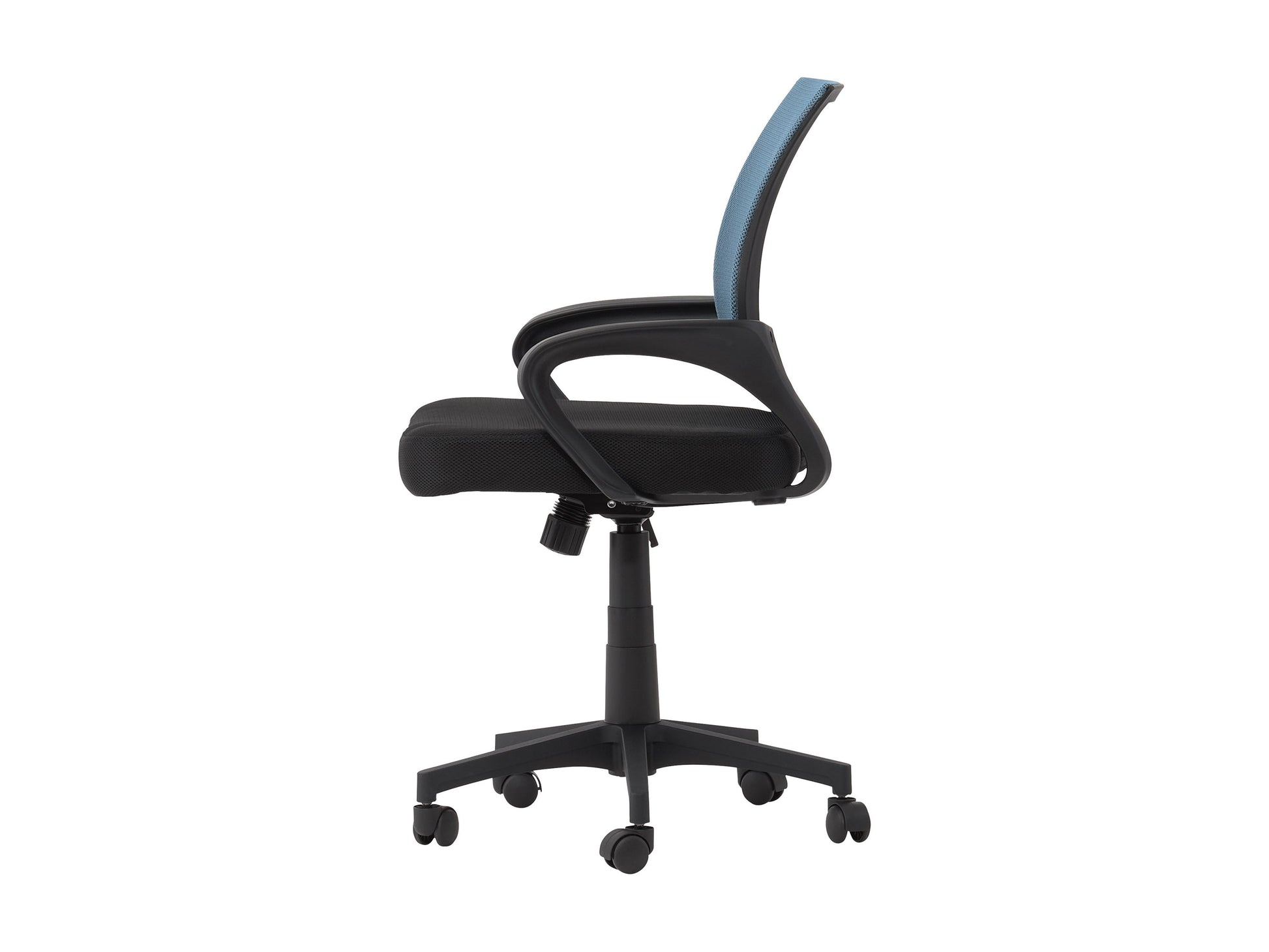 Blue mesh back office chair with ergonomic design, adjustable height, and black swivel base.