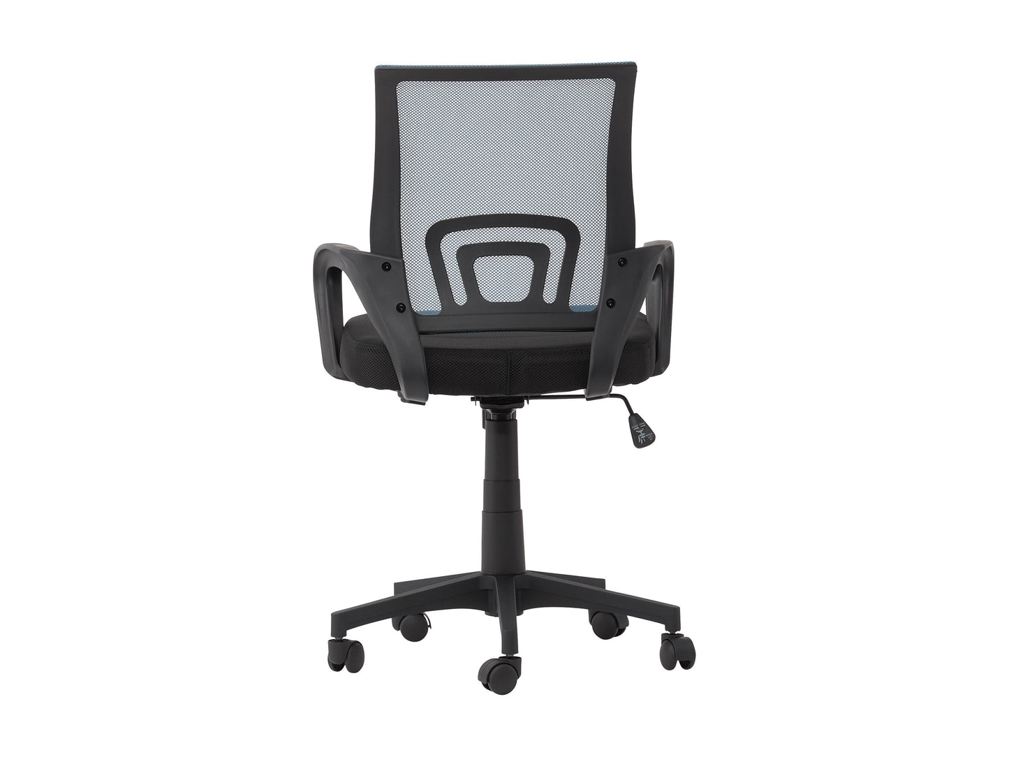 Blue mesh back office chair with ergonomic design, adjustable height, and black swivel base.