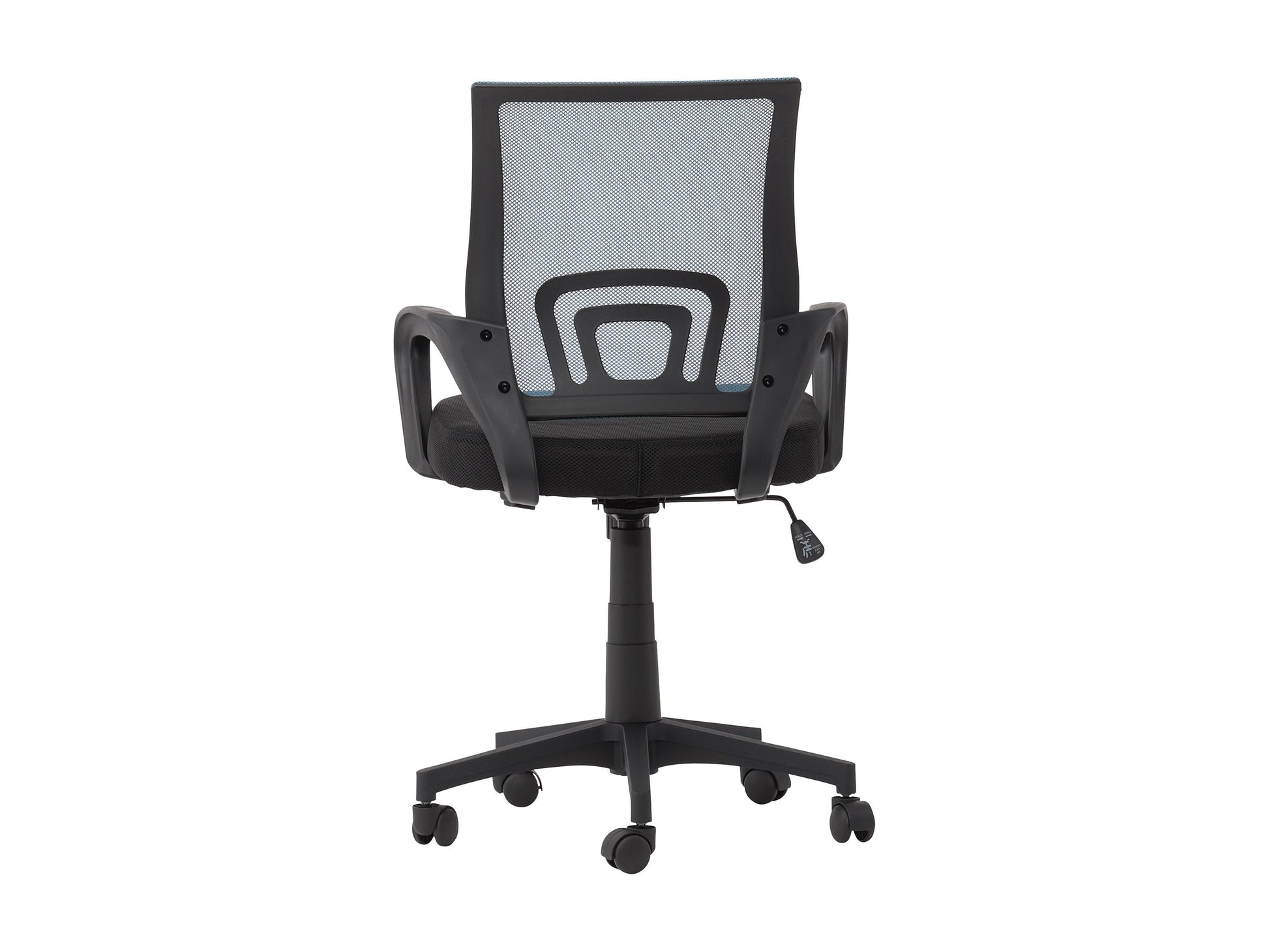 Blue mesh back office chair with ergonomic design, adjustable height, and black swivel base.