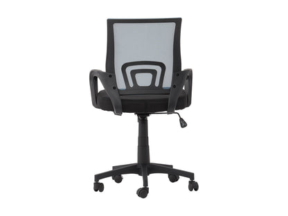 Blue mesh back office chair with ergonomic design, adjustable height, and black swivel base.