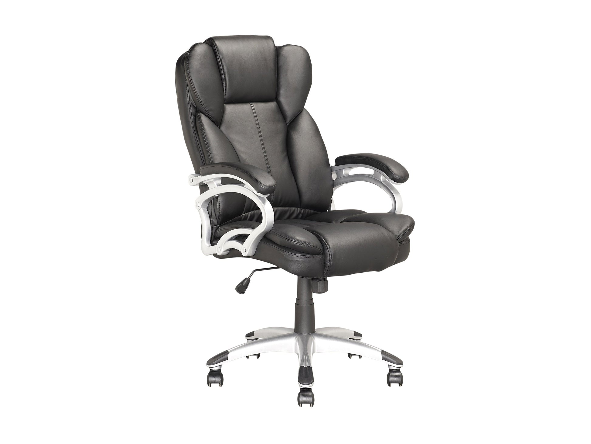 Black leather executive office chair with padded high back, silver armrests, and five-star wheeled base.