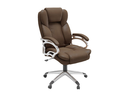 Brown leather executive office chair with padded high back, silver base, and curved white arm supports.