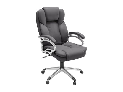 Brown leather executive office chair on a swivel base with five caster wheels and matching armrests.