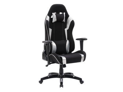 Gaming chair in black and gray color combination with matching head pillow and base.