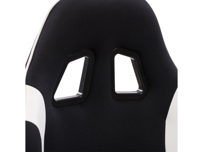 Ergonomic black and white gaming chair with adjustable armrests, lumbar support, and breathable mesh back.
