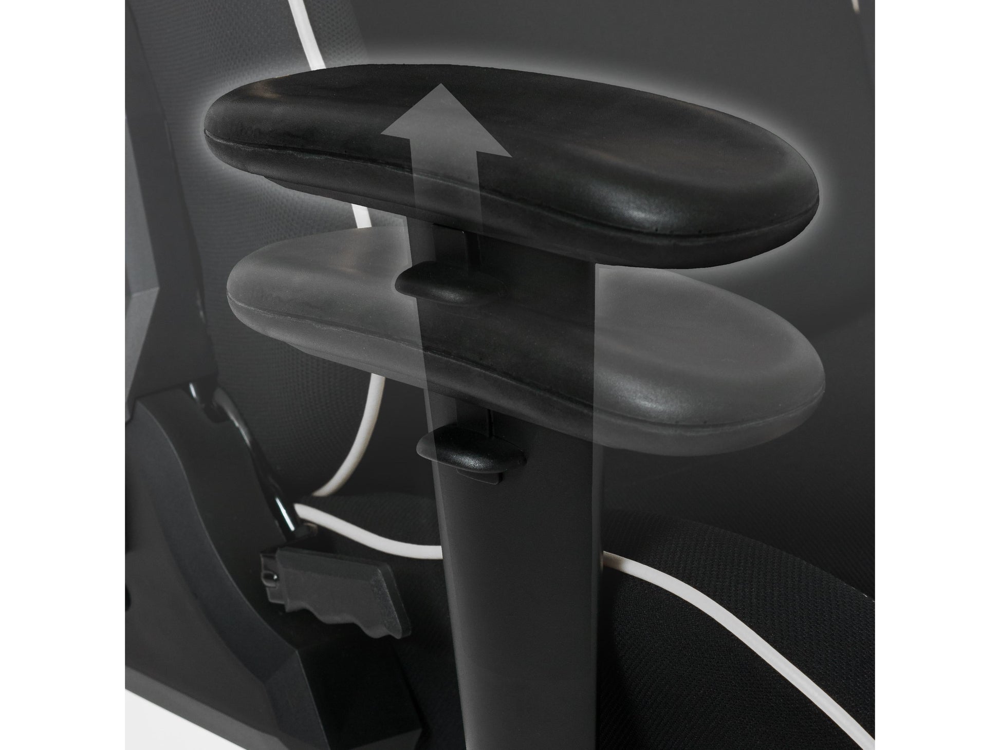 Ergonomic black and white gaming chair with adjustable armrests, lumbar support, and high-back design.