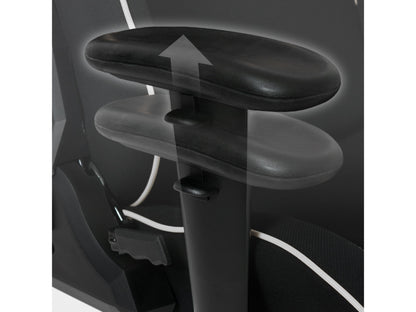 Ergonomic black and white gaming chair with adjustable armrests, lumbar support, and high-back design.