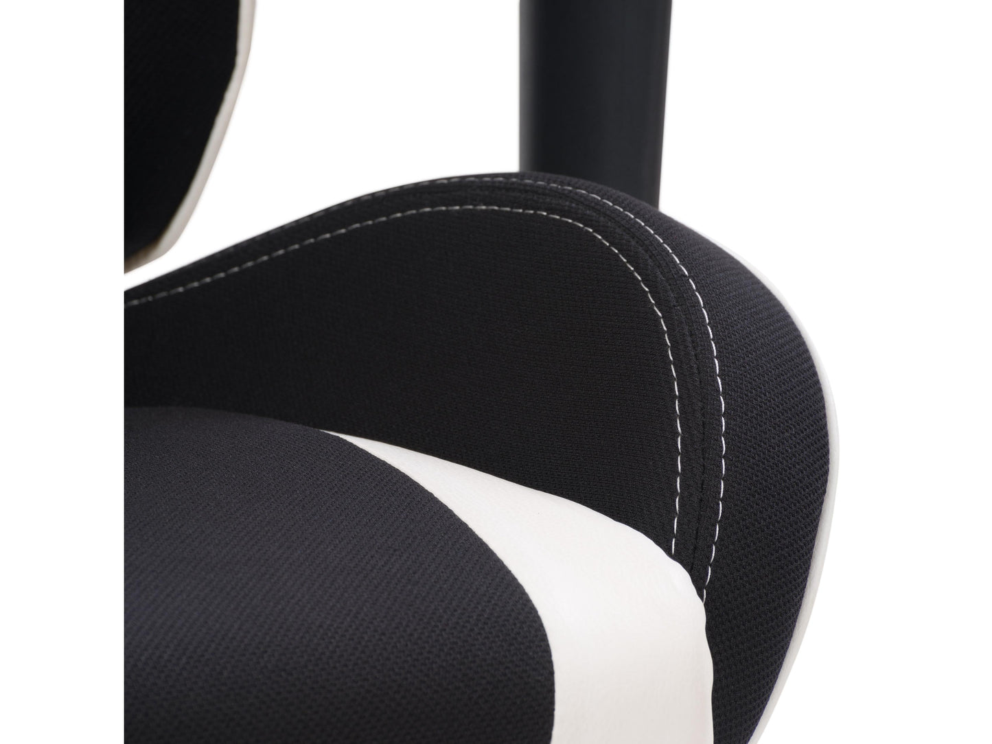 Ergonomic black and white gaming chair with adjustable armrests, lumbar support, and high-density foam padding.