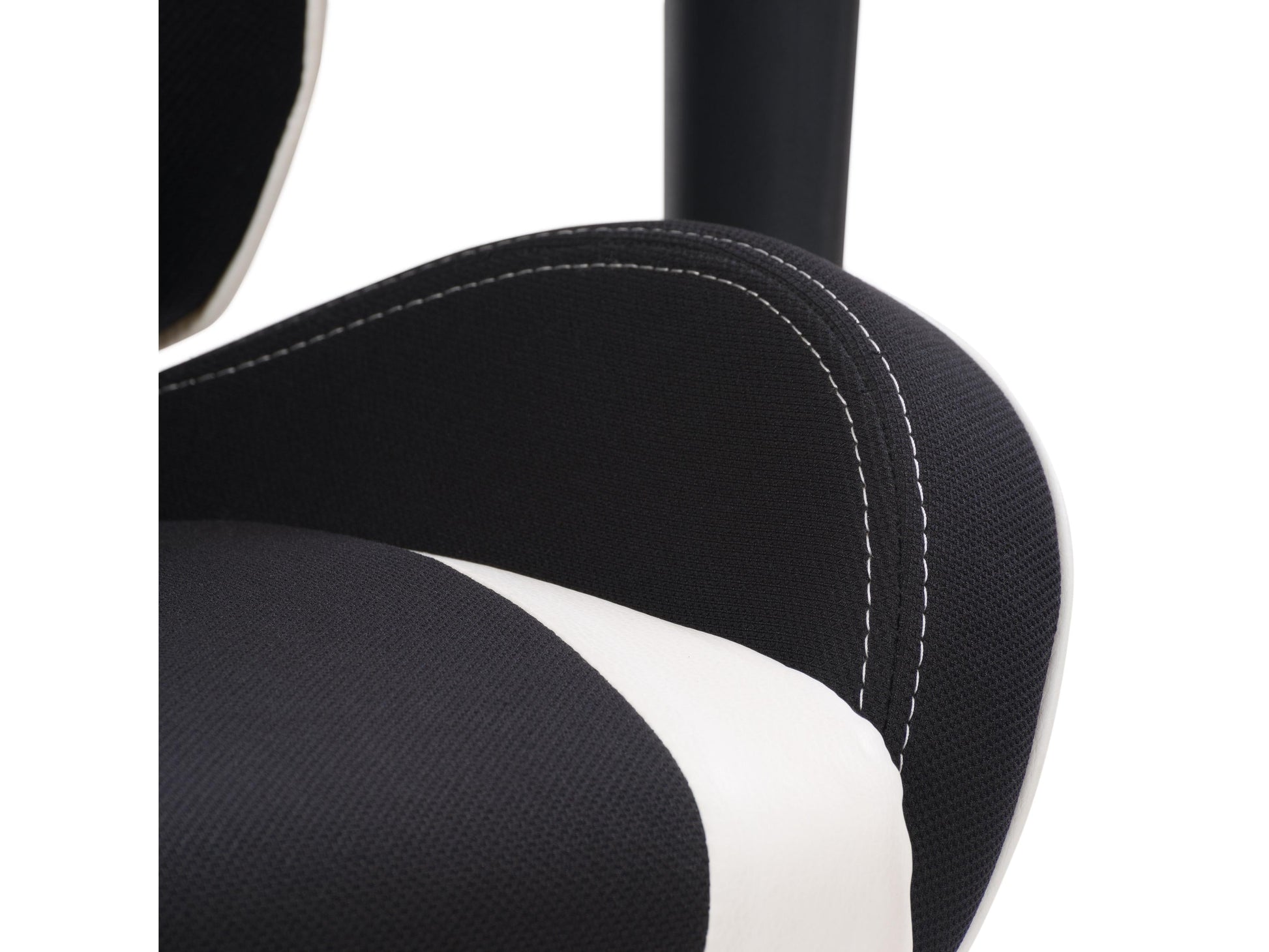 Ergonomic black and white gaming chair with adjustable armrests, lumbar support, and high-density foam padding.