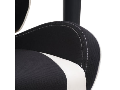 Ergonomic black and white gaming chair with adjustable armrests, lumbar support, and high-density foam padding.