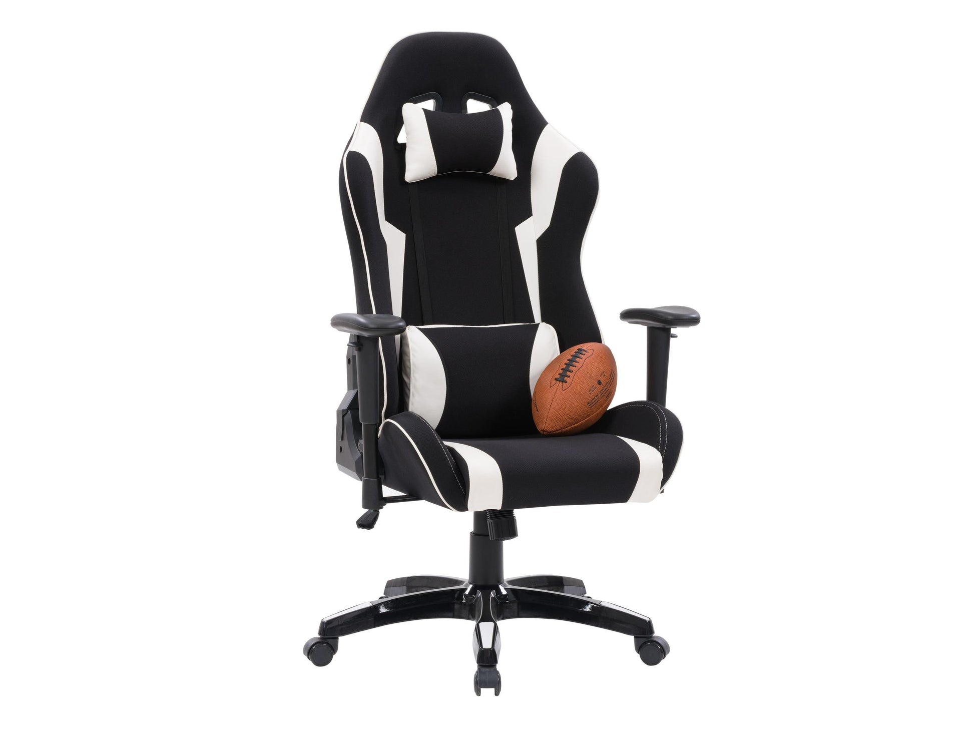 Ergonomic black and white gaming chair with adjustable armrests, lumbar support, and breathable mesh back.