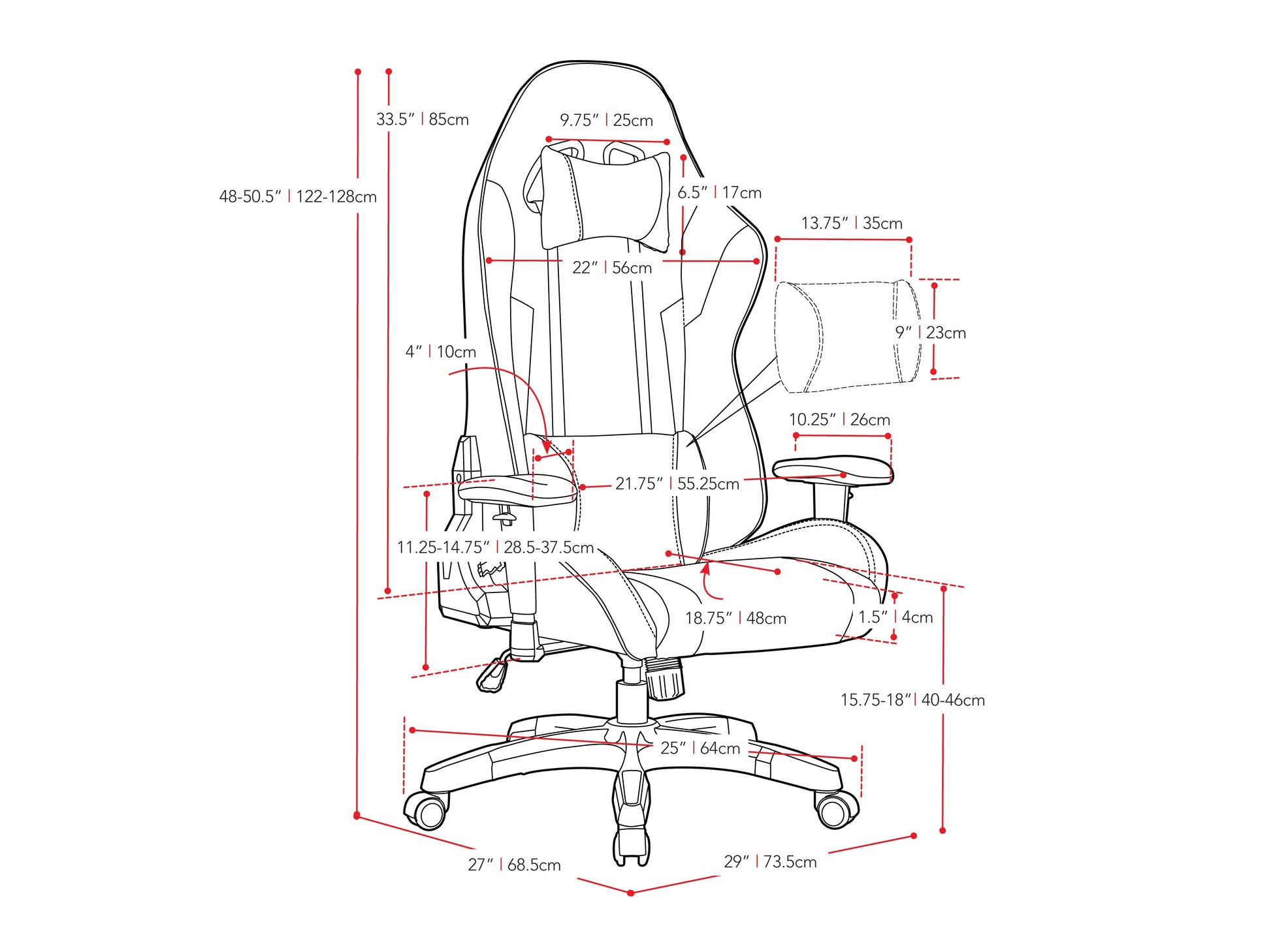 Ergonomic black and white gaming chair with adjustable armrests, lumbar support, and high-density foam padding.