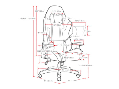 Ergonomic black and white gaming chair with adjustable armrests, lumbar support, and high-density foam padding.
