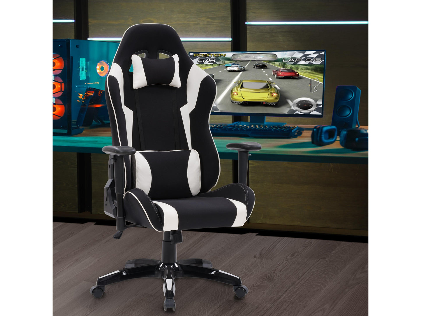 Ergonomic black and white gaming chair with adjustable armrests, lumbar support, and sleek design.