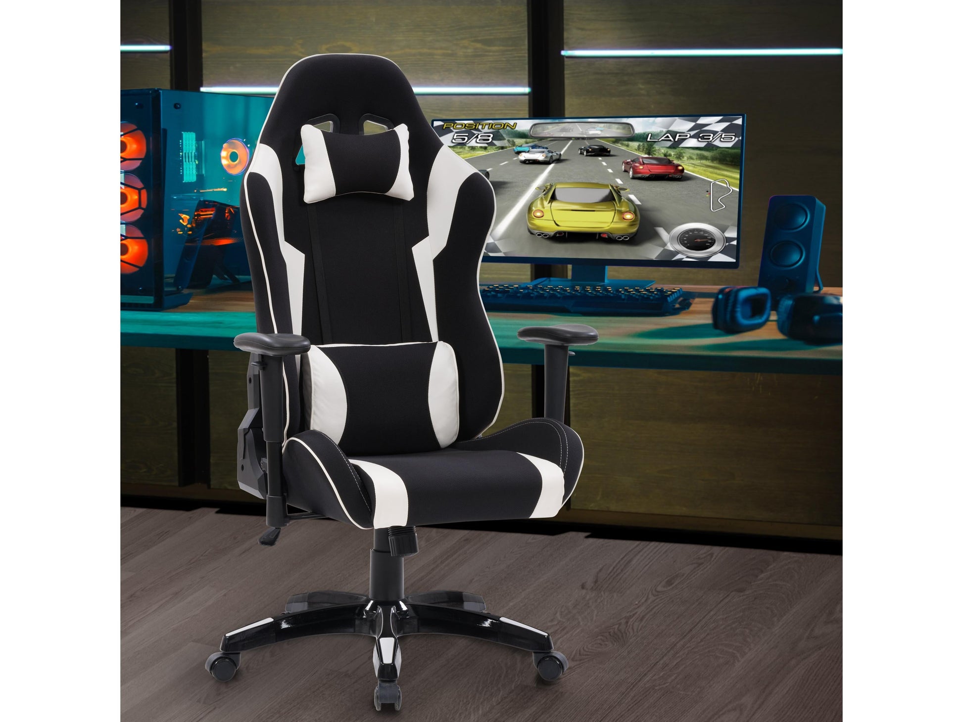 Ergonomic black and white gaming chair with adjustable armrests, lumbar support, and sleek design.