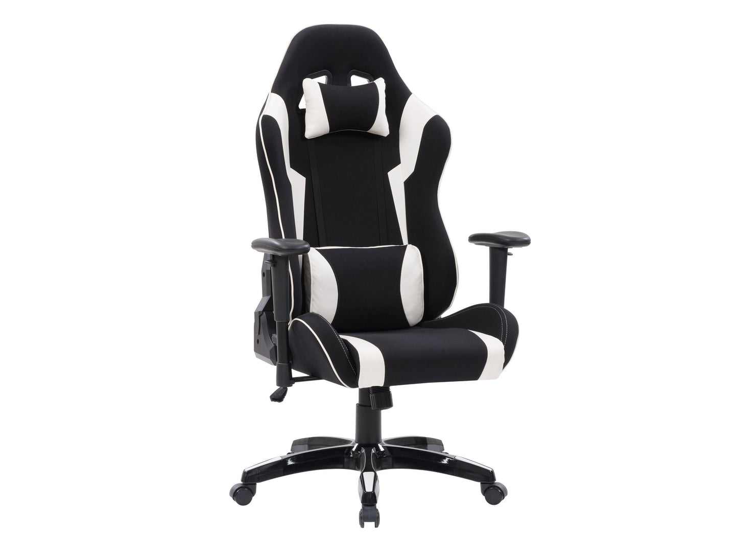 Ergonomic black and white gaming chair with lumbar support, adjustable armrests, and high backrest for optimal comfort.