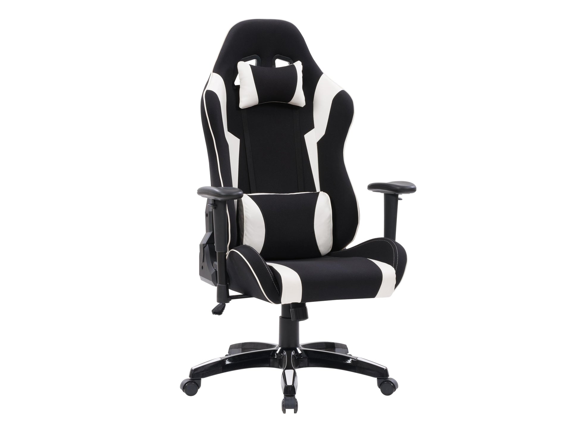 Ergonomic black and white gaming chair with lumbar support, adjustable armrests, and high backrest for optimal comfort.