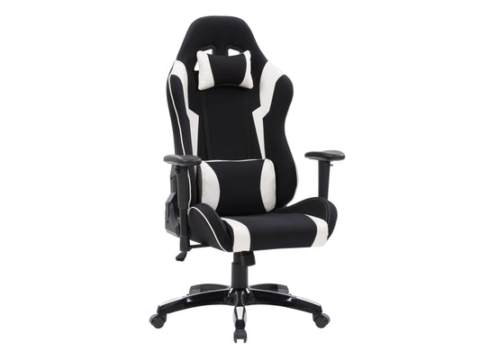 Ergonomic black and white gaming chair with lumbar support, adjustable armrests, and high backrest for optimal comfort.