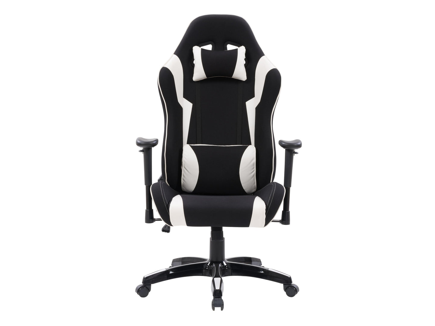Ergonomic black and white gaming chair with lumbar support, adjustable armrests, and high-density foam padding.
