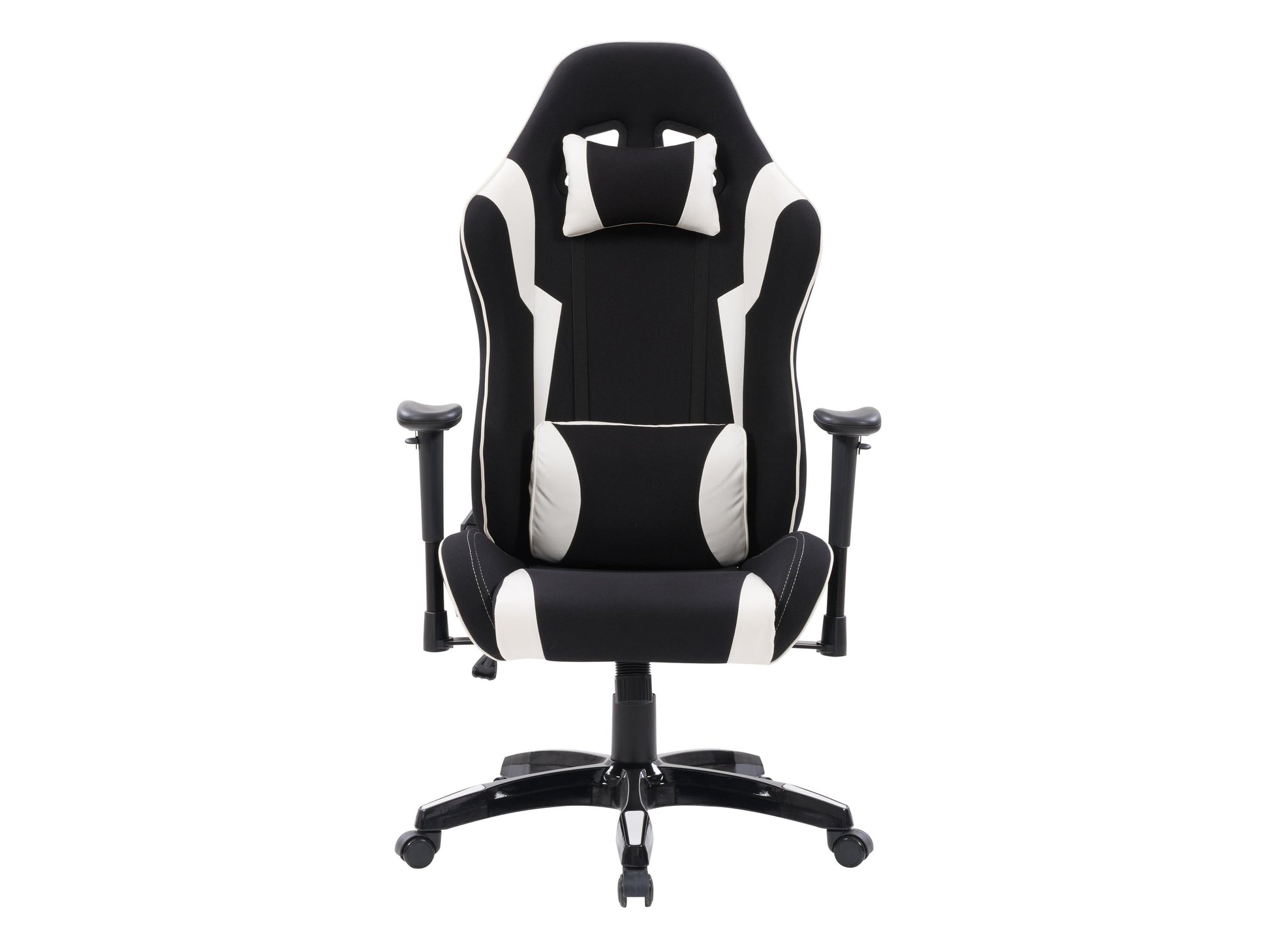 Ergonomic black and white gaming chair with lumbar support, adjustable armrests, and high-density foam padding.