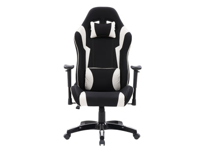 Ergonomic black and white gaming chair with lumbar support, adjustable armrests, and high-density foam padding.