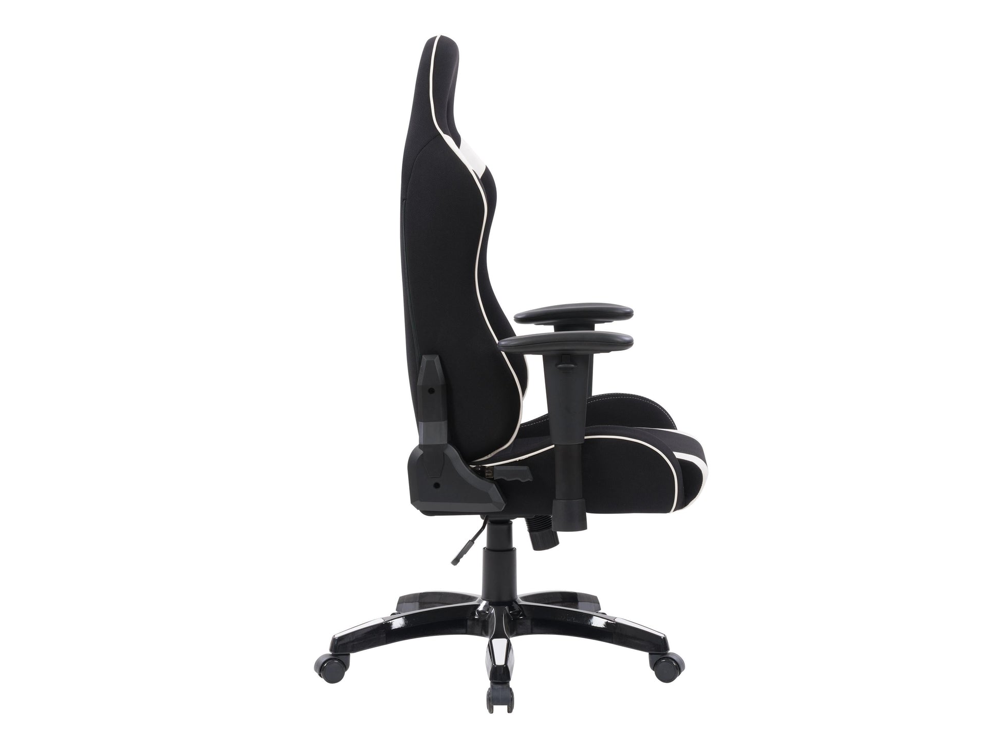 Ergonomic black and white gaming chair with adjustable armrests, lumbar support, and high-back design.