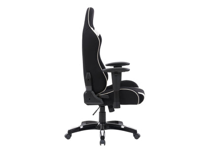 Ergonomic black and white gaming chair with adjustable armrests, lumbar support, and high-back design.