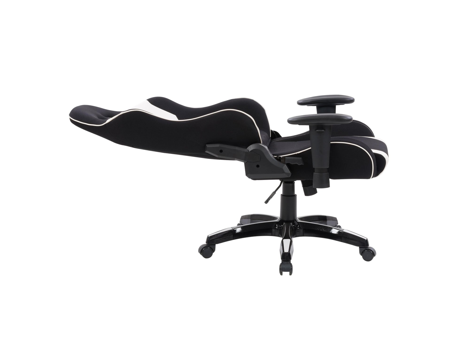 Ergonomic black and white gaming chair with adjustable armrests, high back support, and breathable mesh fabric.