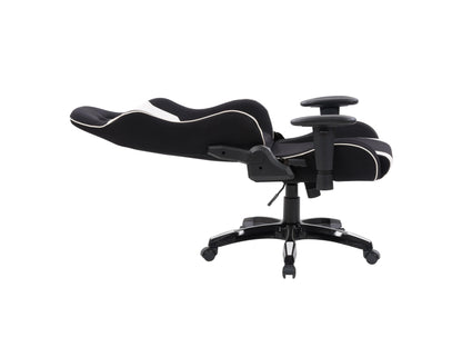 Ergonomic black and white gaming chair with adjustable armrests, high back support, and breathable mesh fabric.