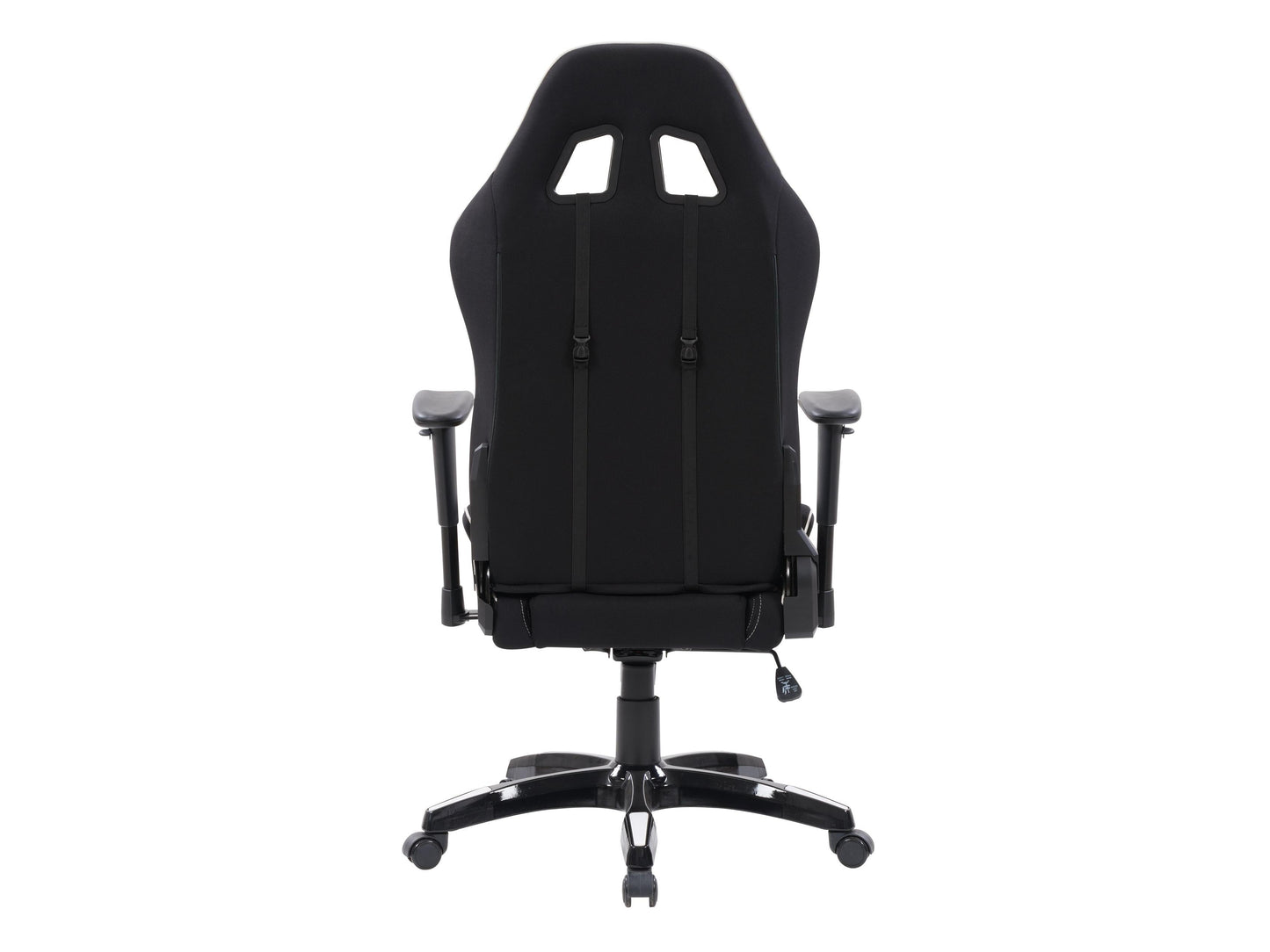 Ergonomic black and white gaming chair with adjustable armrests, lumbar support, and padded seat.