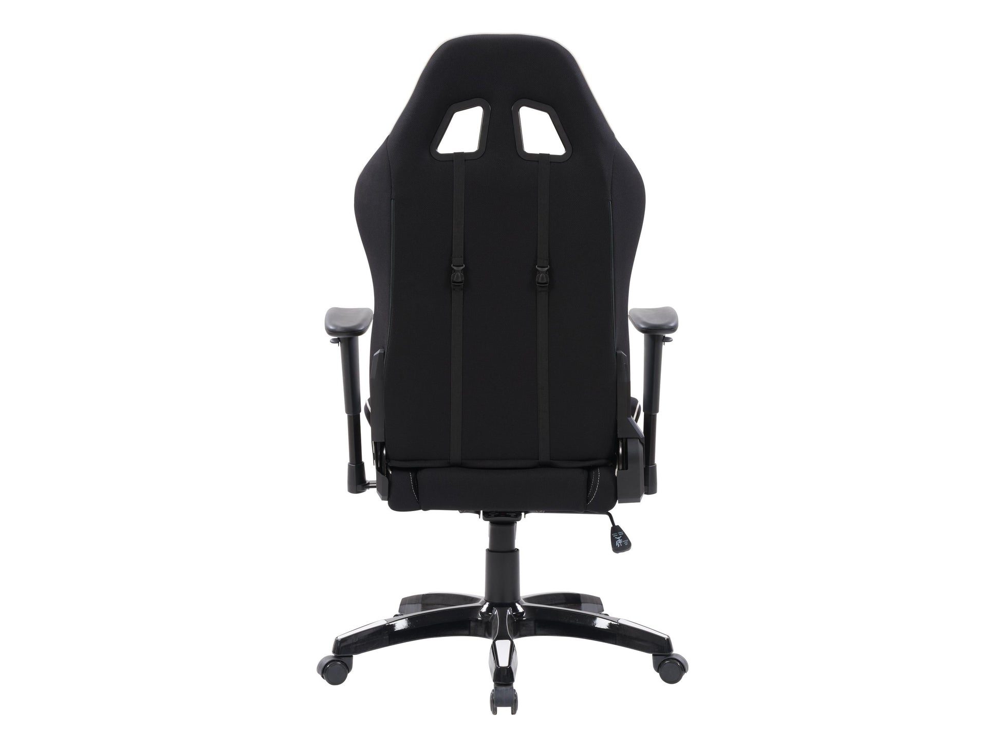 Ergonomic black and white gaming chair with adjustable armrests, lumbar support, and padded seat.