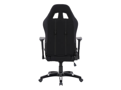 Ergonomic black and white gaming chair with adjustable armrests, lumbar support, and padded seat.