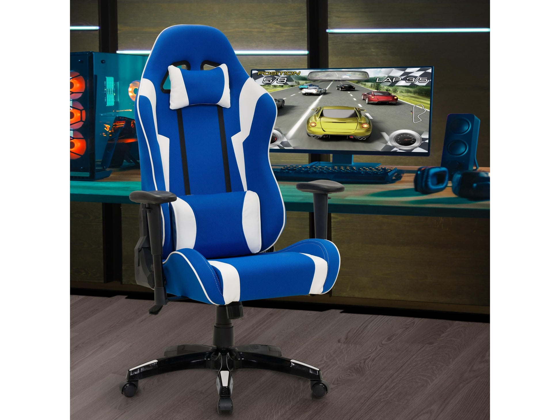 Ergonomic blue and white gaming chair with lumbar support, adjustable armrests, and breathable mesh backrest.