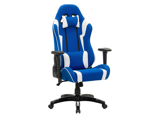 Ergonomic blue and white gaming chair with adjustable armrests, lumbar support, and high-back design.