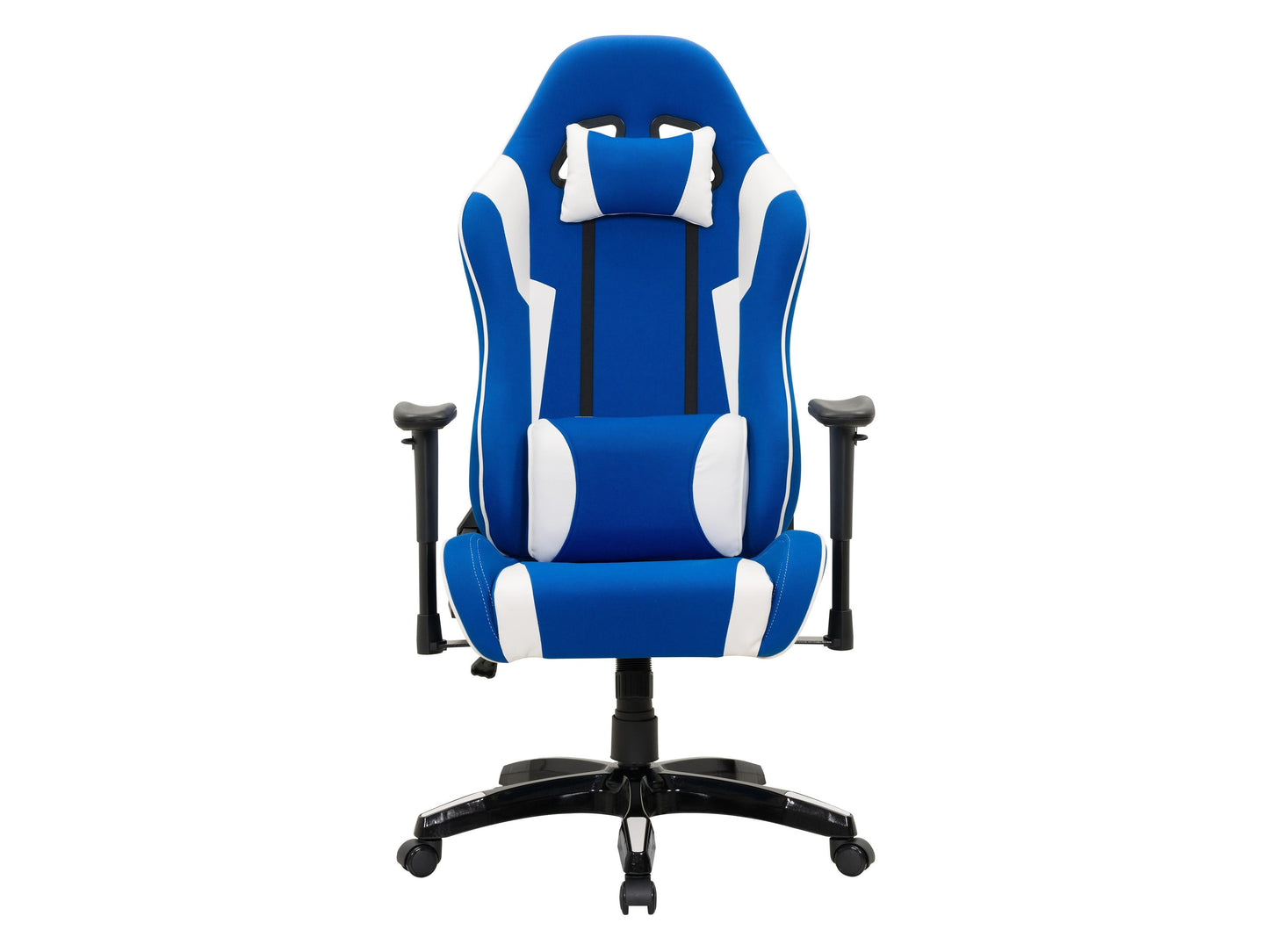 Blue and white ergonomic gaming chair with adjustable armrests, lumbar support, and breathable mesh back.
