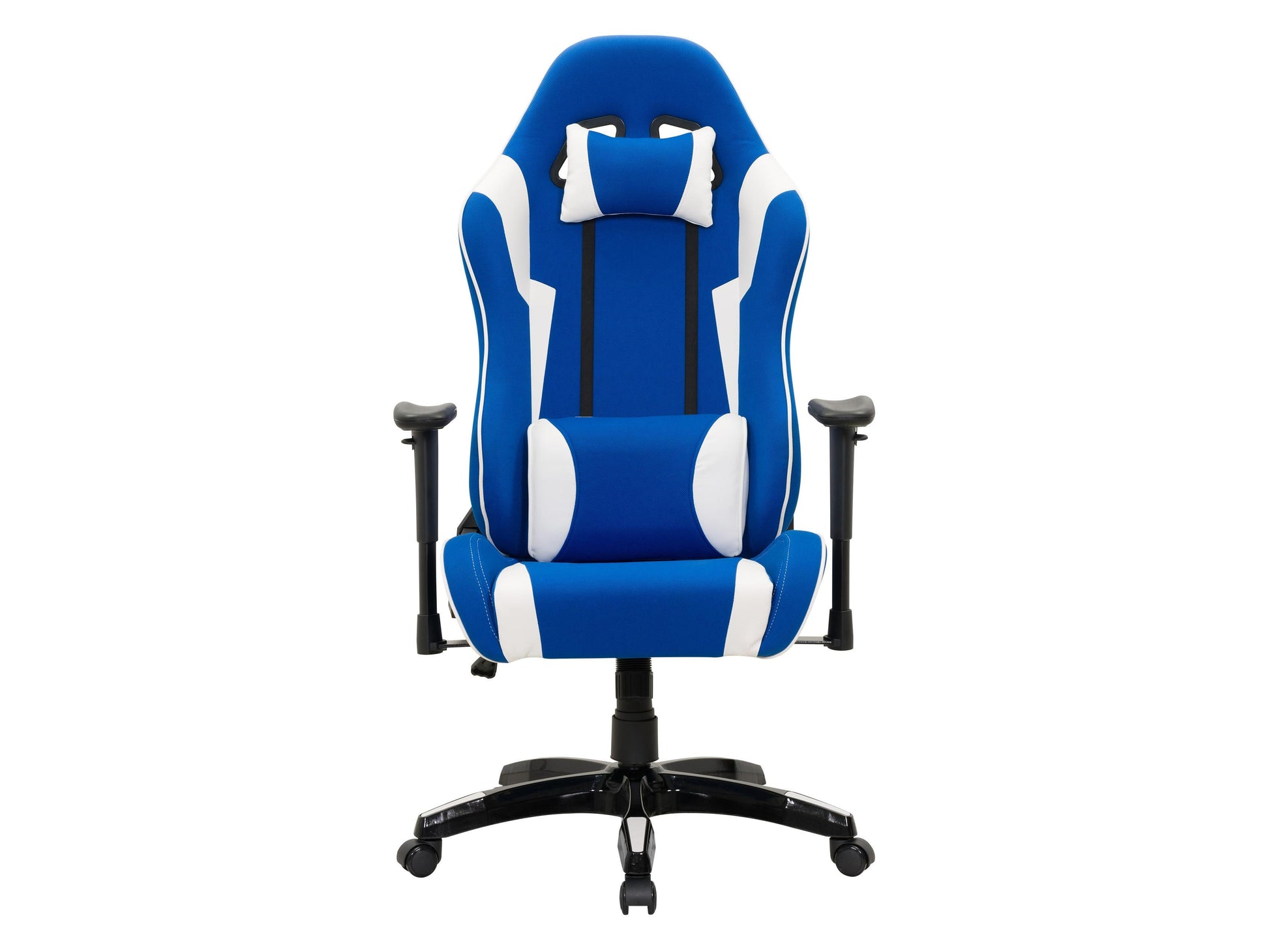 Blue and white ergonomic gaming chair with adjustable armrests, lumbar support, and breathable mesh back.