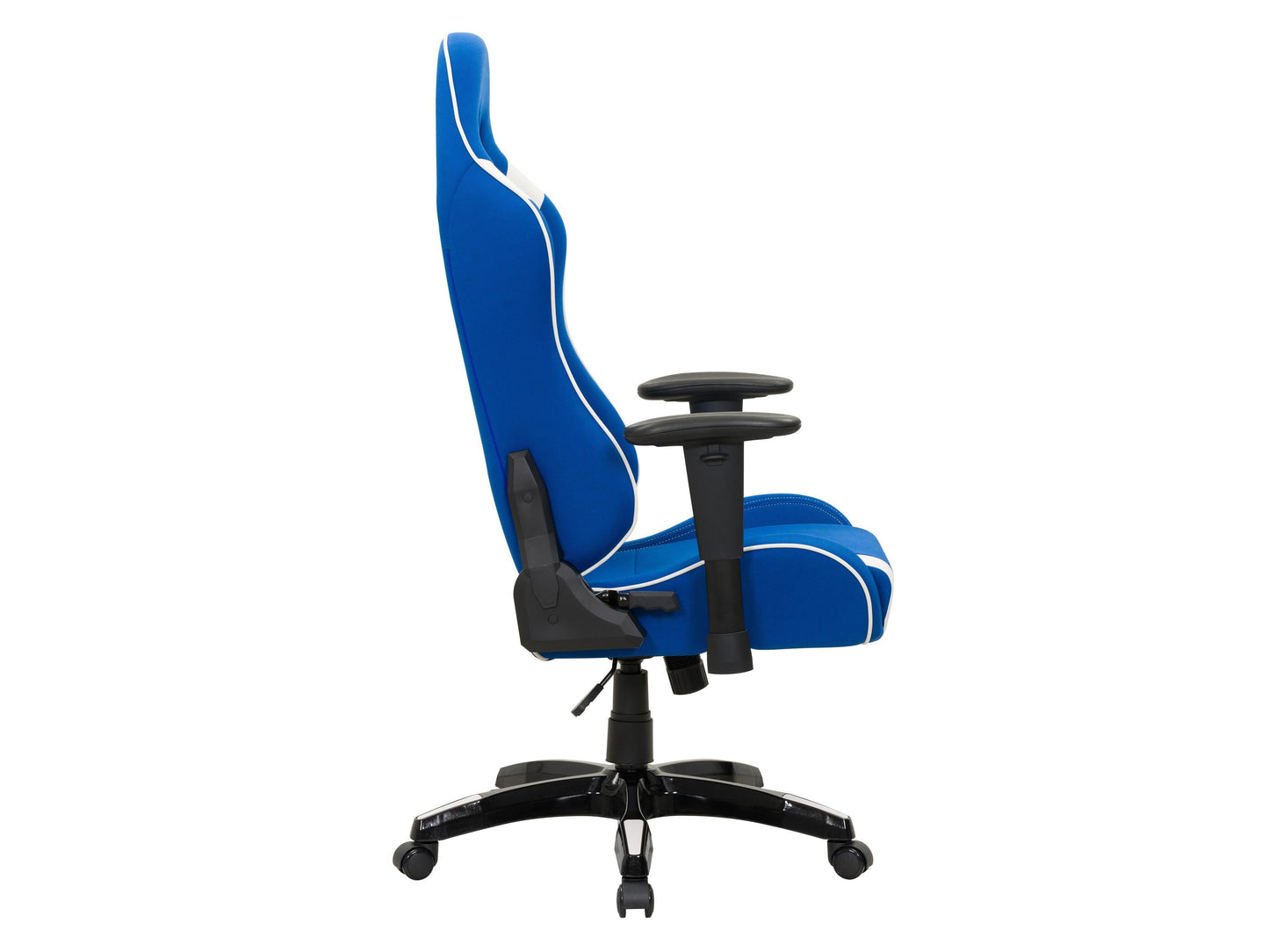 Ergonomic blue and white gaming chair with adjustable armrests, lumbar support, and high-back design.