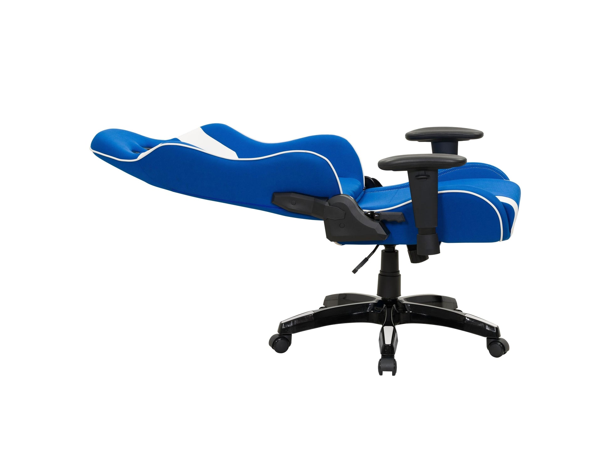 Ergonomic blue and white gaming chair with adjustable armrests, lumbar support, and high-density foam padding.