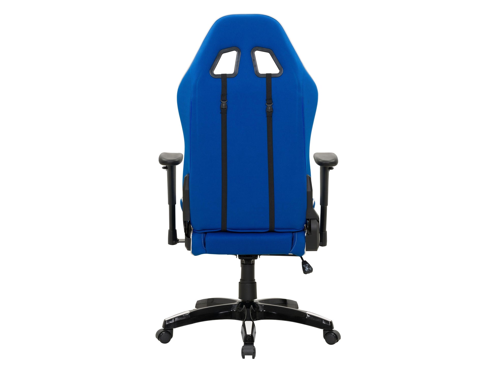 Ergonomic blue and white gaming chair with adjustable armrests, lumbar support, and breathable mesh back.