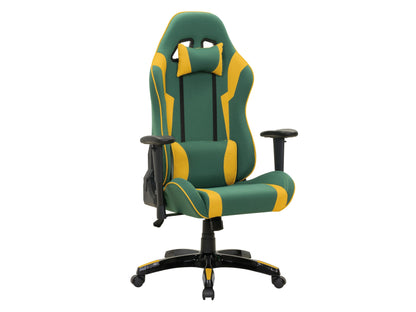 Blue and white high-back gaming chair with white accents and pillow, wheeled base.