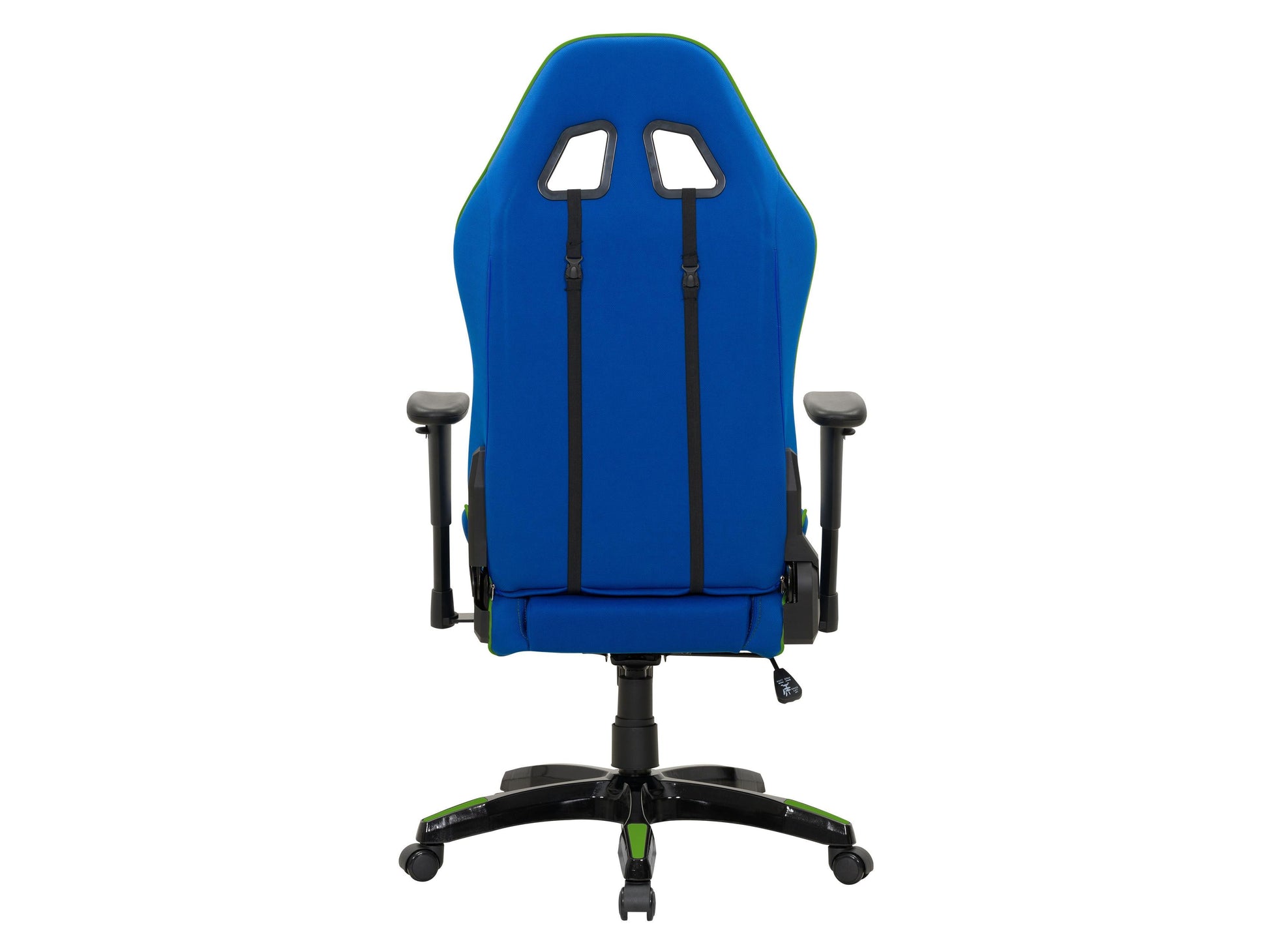 Ergonomic blue and green gaming chair with adjustable armrests, lumbar support, and breathable mesh back.