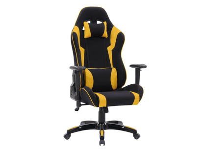 Ergonomic black and yellow gaming chair with adjustable features, lumbar support, and sleek design.