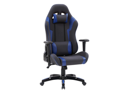 Gaming chair in blue and yellow color scheme with ergonomic padding and wheels.