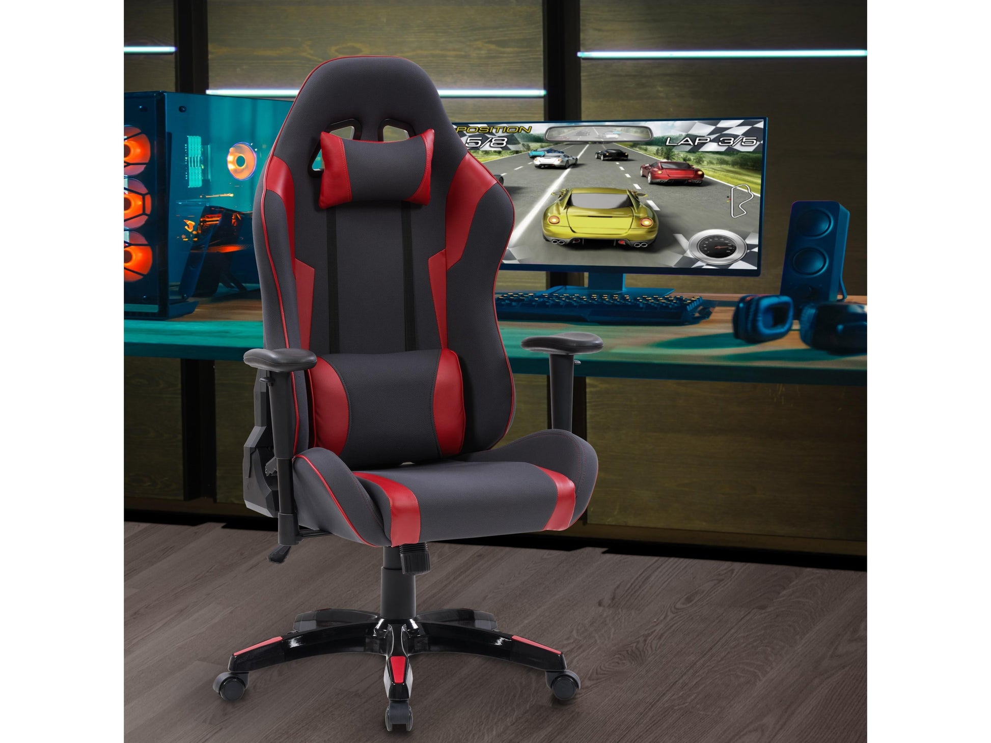Ergonomic grey and red gaming chair with adjustable armrests, lumbar support, and high-density foam padding.