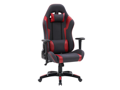 Gaming chair in red and black color scheme with ergonomic padding and wheels.