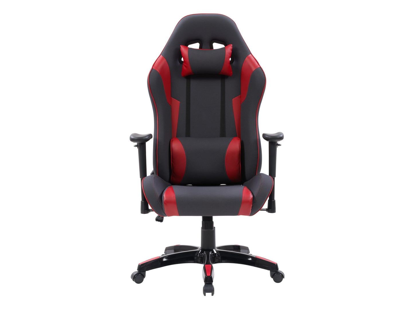 Ergonomic grey and red gaming chair with adjustable armrests, lumbar support, and breathable mesh back.