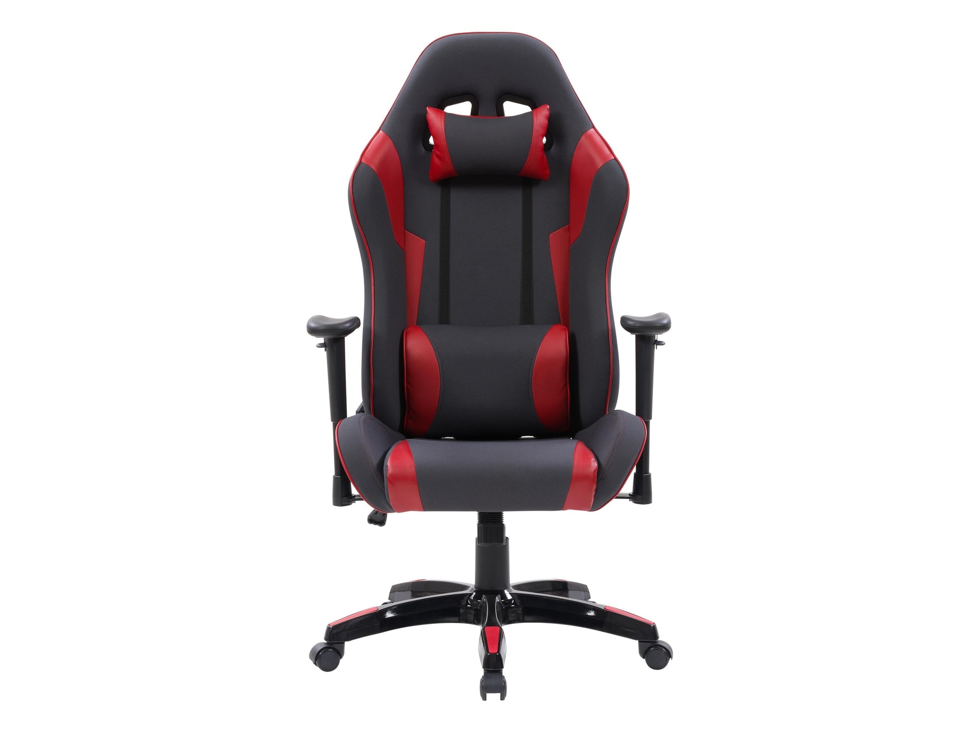 Ergonomic grey and red gaming chair with adjustable armrests, lumbar support, and breathable mesh back.