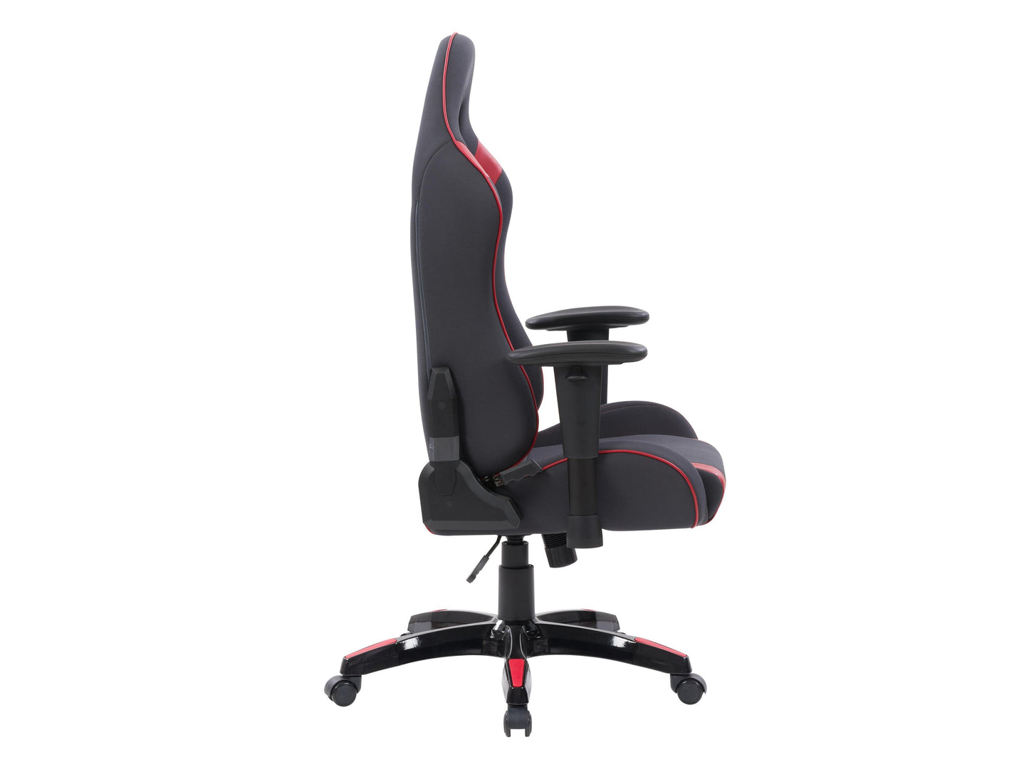 Ergonomic grey and red gaming chair with lumbar support, adjustable armrests, and high-density foam padding.